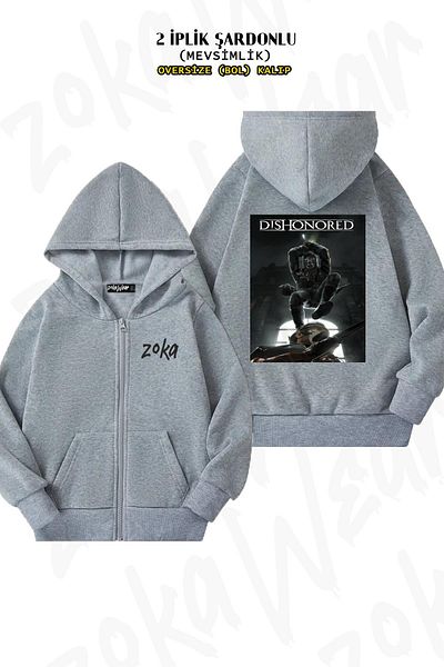 ZOKAWEAR Dishonored v3 Back Printed - Γκρι ζακέτα με κουκούλα με φερμουάρ (2 κλωστές)