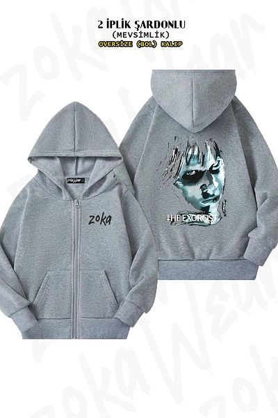 ZOKAWEAR Oversize The Exorcist Back Printed Zipper Hooded Grey Cardigan (2 νήματα)
