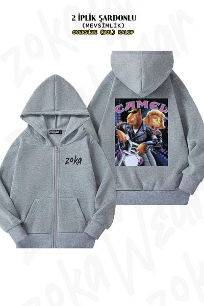 ZOKAWEAR Oversize Camel Back Printed με φερμουάρ και κουκούλα γκρι ζακέτα (2 κλωστές)