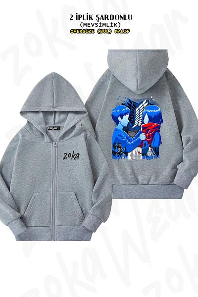 ZOKAWEAR Oversize Attack on titan anime Back Printed με φερμουάρ με κουκούλα γκρι ζακέτα (2 κλωστές)