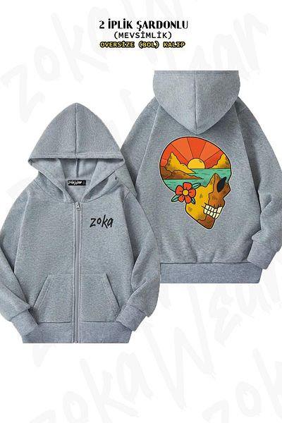 ZOKAWEAR Προϊόν Sunrise and Swords - Γκρι ζακέτα με κουκούλα με φερμουάρ στην πλάτη (2 κλωστές)