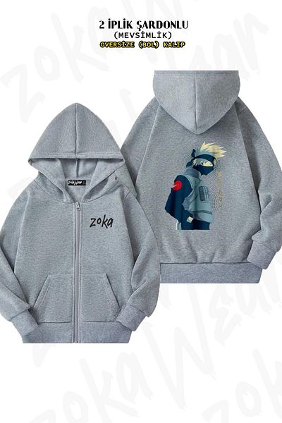 ZOKAWEAR Χαρακτήρας Naruto Hatake Kakashi - Γκρι ζακέτα με φερμουάρ και κουκούλα (2 κλωστές)