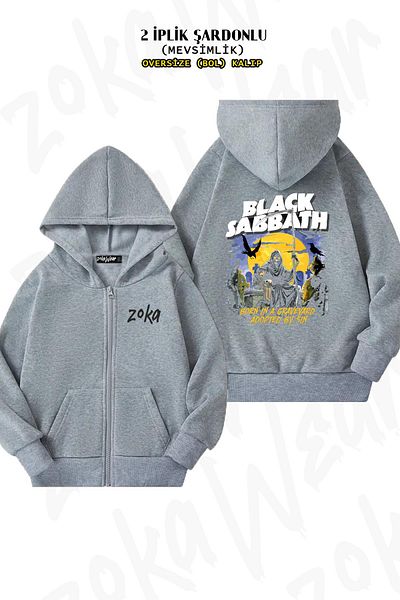 ZOKAWEAR Sin Black Sabbath Pattern - Γκρι ζακέτα με φερμουάρ και κουκούλα (2 κλωστές)