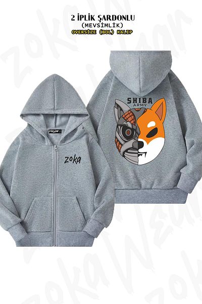 ZOKAWEAR Μοτίβο νομισμάτων Shiba Army - Crypto Borsa, πίσω τύπωμα, φερμουάρ, γκρι ζακέτα με κουκούλα (2 κλωστές)