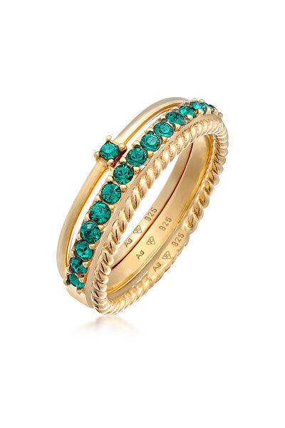 ELLI Ring Damen Solitär Memoire Set mit Glaskristallen in 925 Sterling Silber vergoldet