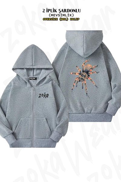 ZOKAWEAR Υπερμεγέθη μεξικάνικη κόκκινη γόνατο Tarantula Tee Back Printed με φερμουάρ με κουκούλα γκρι ζακέτα (2 κλωστές)