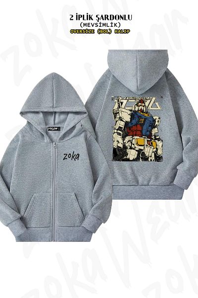 ZOKAWEAR Gundam The First Back Printed - Cardigan supradimensionat gri cu glugă cu fermoar (2 fire)