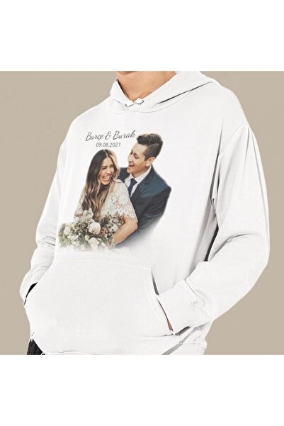 Hediye Kesesi Kişiye Özel Fotoğraf Baskılı Kapşonlu Beyaz Unisex Sweatshirt Hk2156