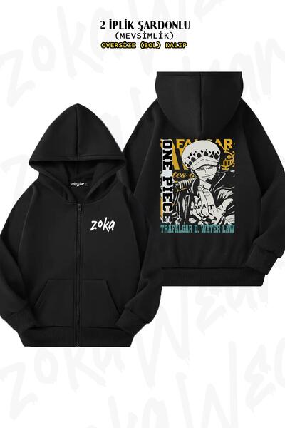 ZOKAWEAR Oversize One Piece Law Tasarı Printed Back Zipper Hooded Black Cardi...