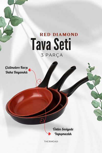 ThermoAD |   Pan Set |   3 Pieces |   20Cm-24Cm-28Cm |   Red Diamond