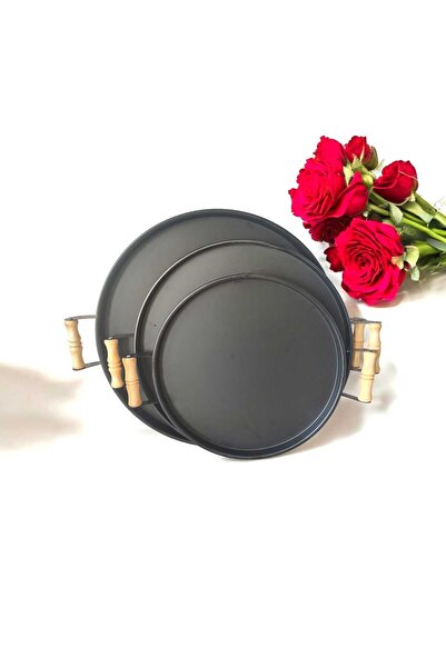 Genel Markalar Tepsi Seti Ahşap Kulplu Metal Çay Tepsisi Kahve Tepsisi Sunum ...