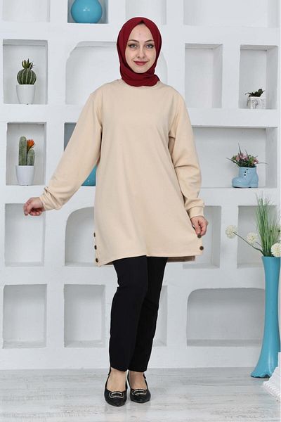 FERRY BUTİK Women's Hijab Tuniq with Stretchy Crown - Crew Neck, Slit Detail and Button