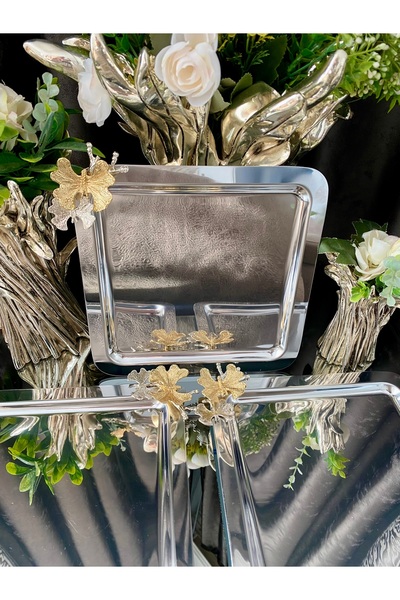 atabey home collection 6 Pcs Coffee & Tea & Presentation Tray Metal Casting Silver Tray with Butterfly Accessories