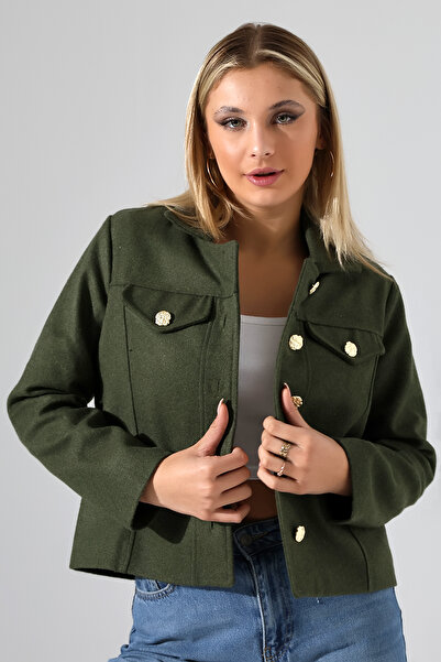 Union and Joy Düğmeli Haki Kadın Kısa Kaşe Ceket
