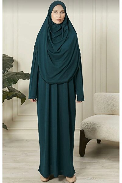 Genel Markalar Pamuk Penye Kendinden Başörtülü Zümrüt Namaz Elbisesi