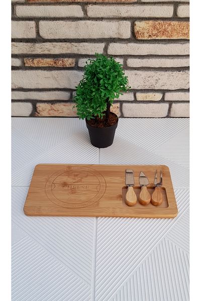 umut züccaciye Bamboo Cheese Serving Plate with 3 Knives and Forks Magnet Speciality
