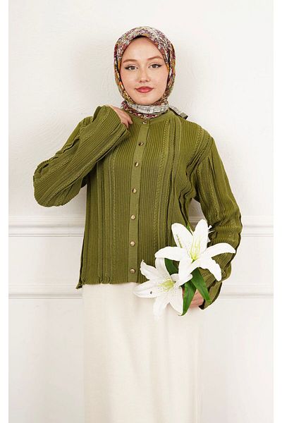 Butik Hijab Cardigan for Women - Khaki Glitter, Buttoned, Soft, Crop, Plush