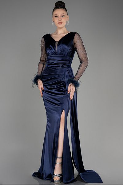 Efelif Navy Blue Stone Long Sleeve Slit Satin Abu39855