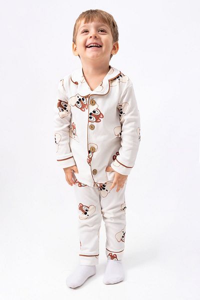 Minigimin Cicileri Unisex Children's 2-Piece Combed Cotton Suit - My Mini's Flowers, Squirrel Character, Buttoned - Ecru
