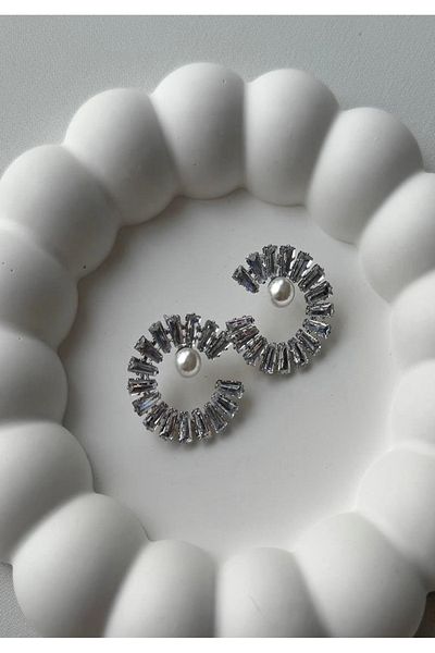 mos&more Baguette Stone Circle Ring Silver Evening Dress Stylish Women's Earrings