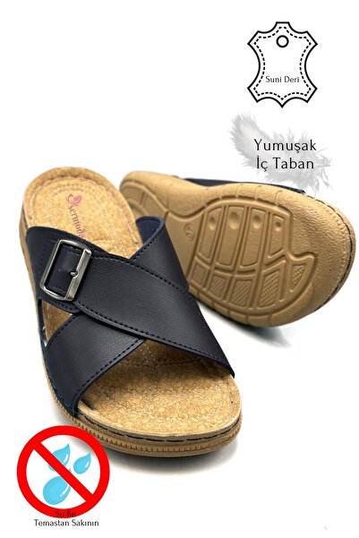 sermoda Cross Band Buckle Double Band Light Sole Faux Leather Men's Slippers 521 Navy Blue
