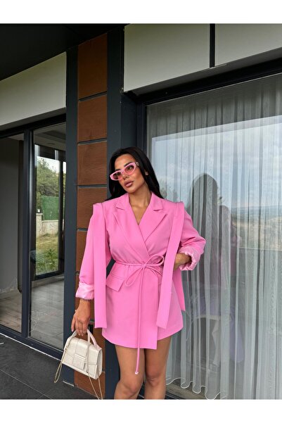 HARMONY GLOBAL جاكيت بليزر نسائي كاندي بينك - برباط خصر، تصميم 1486