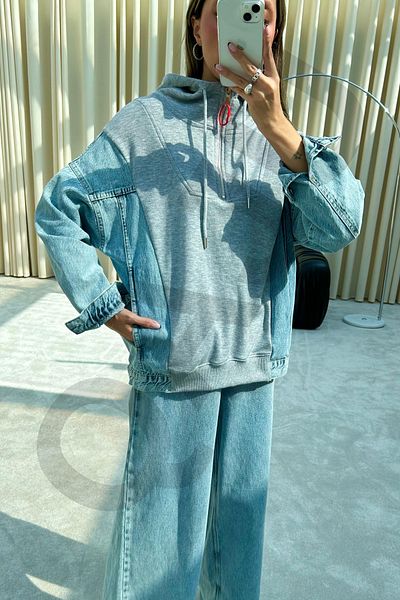 Qaju Long Sleeve Oversize Jean Detailed Blue Sweatshirt 100% Cotton