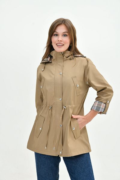 Butik Women's Water Resistant Plus Size Zip-Up Hooded Plaid Trench Coat