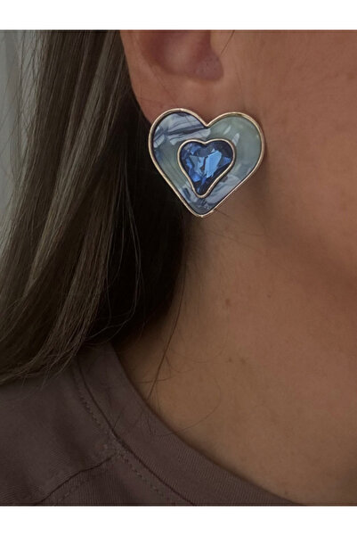 Özce Marble Patterned Heart Earrings with Colored Stones in the Middle