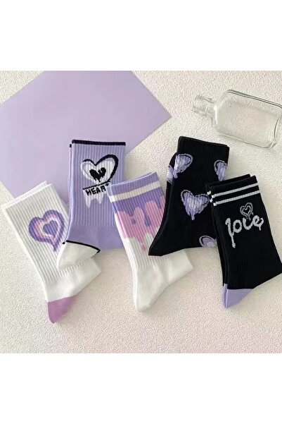 çorapmanya 5 Çift Kadın Çok Renkli Aşk / Kalp Desenli Kolej Çorap