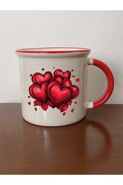 lili hediyelik Superimposed Hearts Printed Red Mug Cup Birthday Gift