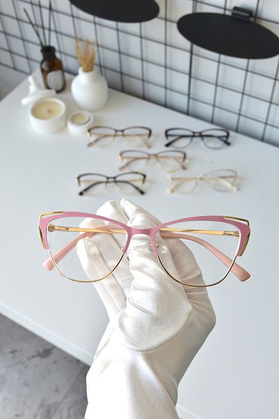 LOOKUP NEW Unisex Pink Gold Metal - Cat Eye Transparent Blue Glasses with Light Protection and Filter