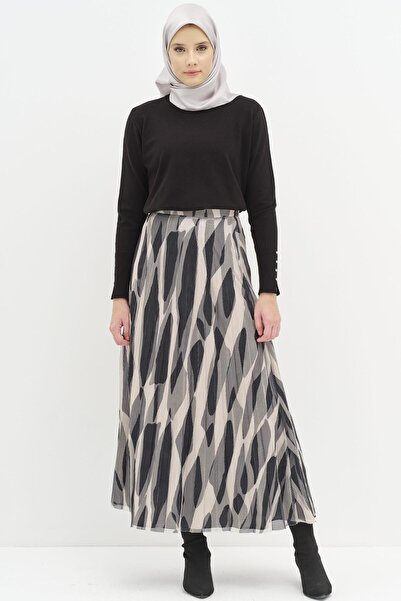 Tuğba Desenli File Plisoley Etek - Siyah