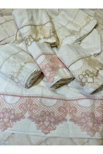 ŞENER HOME Set of 6 French Lace Dowry Bukle 50X90 Hand & Face Towels