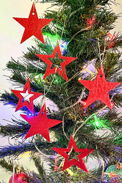 Kuzeylina Set de 6 ornamente pentru brad de Crăciun cu stea roșie - pâslă și ...