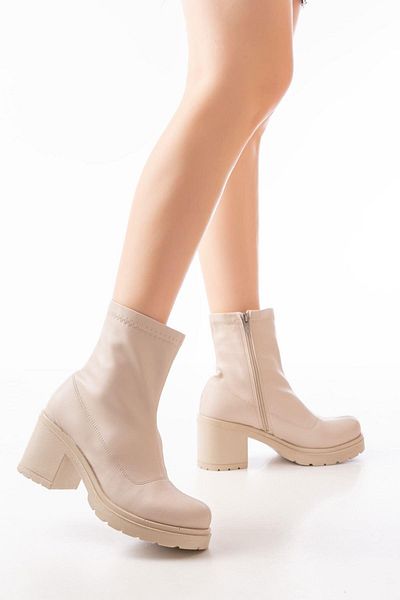 Aymood 767-3012 Cizme de zi cu toc gros, bej elastic, cu fermoar