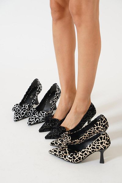 Moda Pie Stiletto cu fundă neagră cu model leopard - Leopenna