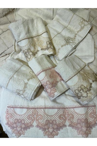 ŞENER HOME Set of 6 French Lace Dowry Bukle 50X90 Hand & Face Towels
