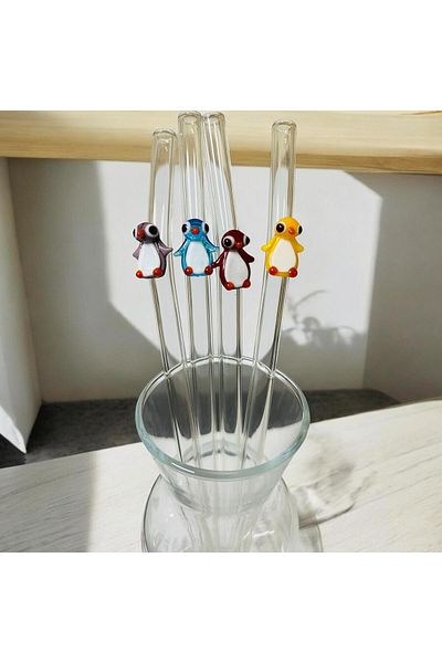 nazarboncuğu Penguin 6-Piece Glass Mixed Figured Straw Set