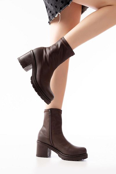 Aymood 767-3012 Stretch Brown Zippered Thick Heeled Daily Women's Boots