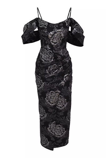 Keikei Gümüş jakar kolsuz uzun elbise