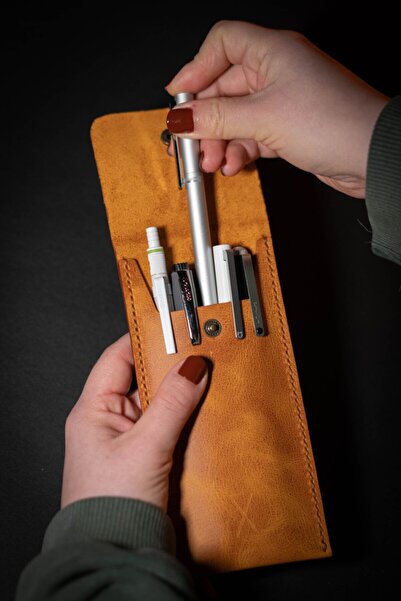 minimal X design Minimal X Leather Pen Holder - Camel - Real Leather & Handmade - Minimalist Design