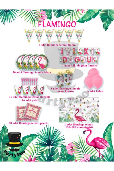 PartyPoo Σετ γενεθλίων με θέμα Flamingo για 16 άτομα Σετ προμηθειών για πάρτι γενεθλίων