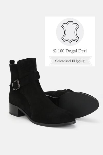TUNAELLİ Kadın Siyah Süet Hakiki Deri 35-41 Numara Kısa Topuklu Bot & Bootie
