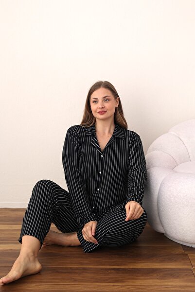 SEBOTEKS Striped Suede Button-Down Large Size Women's Pajamas Set 2123