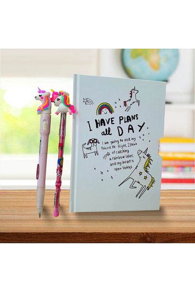 ÇİLEKHOMEAVM Unicorn Locked Commemorative and Diary Notebook Illuminated Pen and Laying Egg Pen