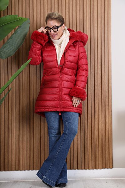 MİSLİNA BUTİK İthal Kürk Detay Bordo Çift Yönlü Mont