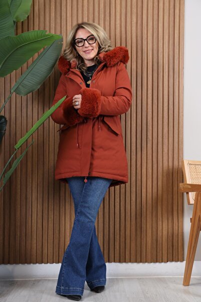 MİSLİNA BUTİK İthal Kürk Detay Kiremit Renk Çift Yönlü Mont