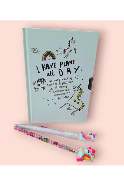 ÇİLEKHOMEAVM Unicorn Locked Commemorative and Diary Notebook Illuminated Pen and Laying Egg Pen