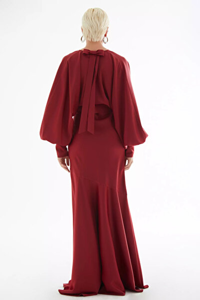 Keikei Bordo saten uzun kol uzun elbise